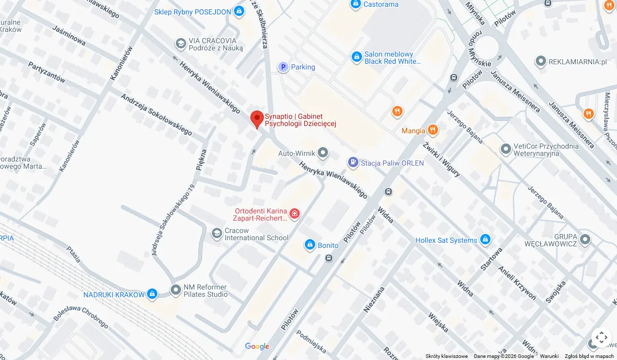 Mapa Google: budynek Synaptio, ul. Henryka Wieniawskiego 60 w Krakowie, przy ul. Sokołowskiego